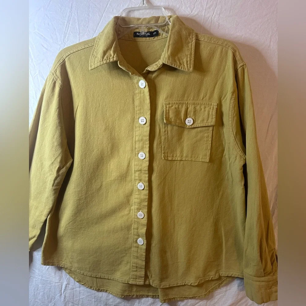 Nasty Gal Mustard Button Front Shirt Jacket S/M Utility Pocket Top Shirt - Picture 1 of 5
